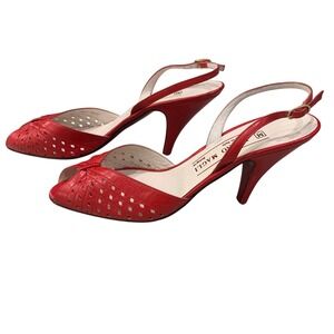 Bruno Magli Red‎ Vintage Leather Slingback Heels Peep Made in Italy Size 7.5 AAA